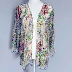 NWT Chicos Embroidered Tropical Foliage Vacay Beach Coverup Mesh Cardigan